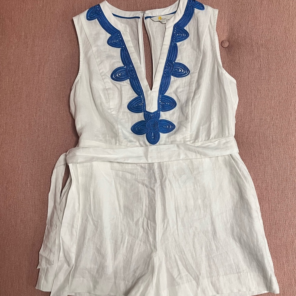 Boden White and Blue Romper with Classic Floral Design